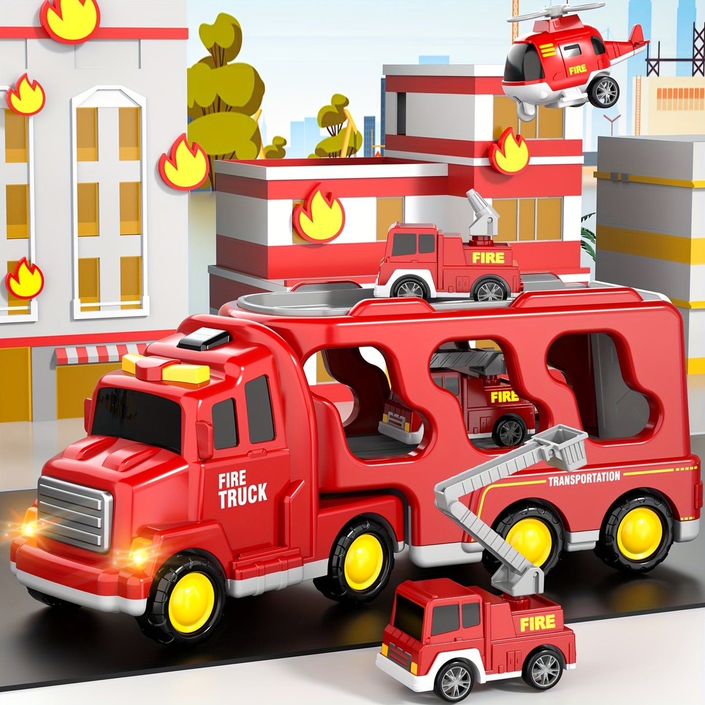 Fire Truck Toys  Boys, 5 In 1 Kids Carrier Fire Trucks Cars