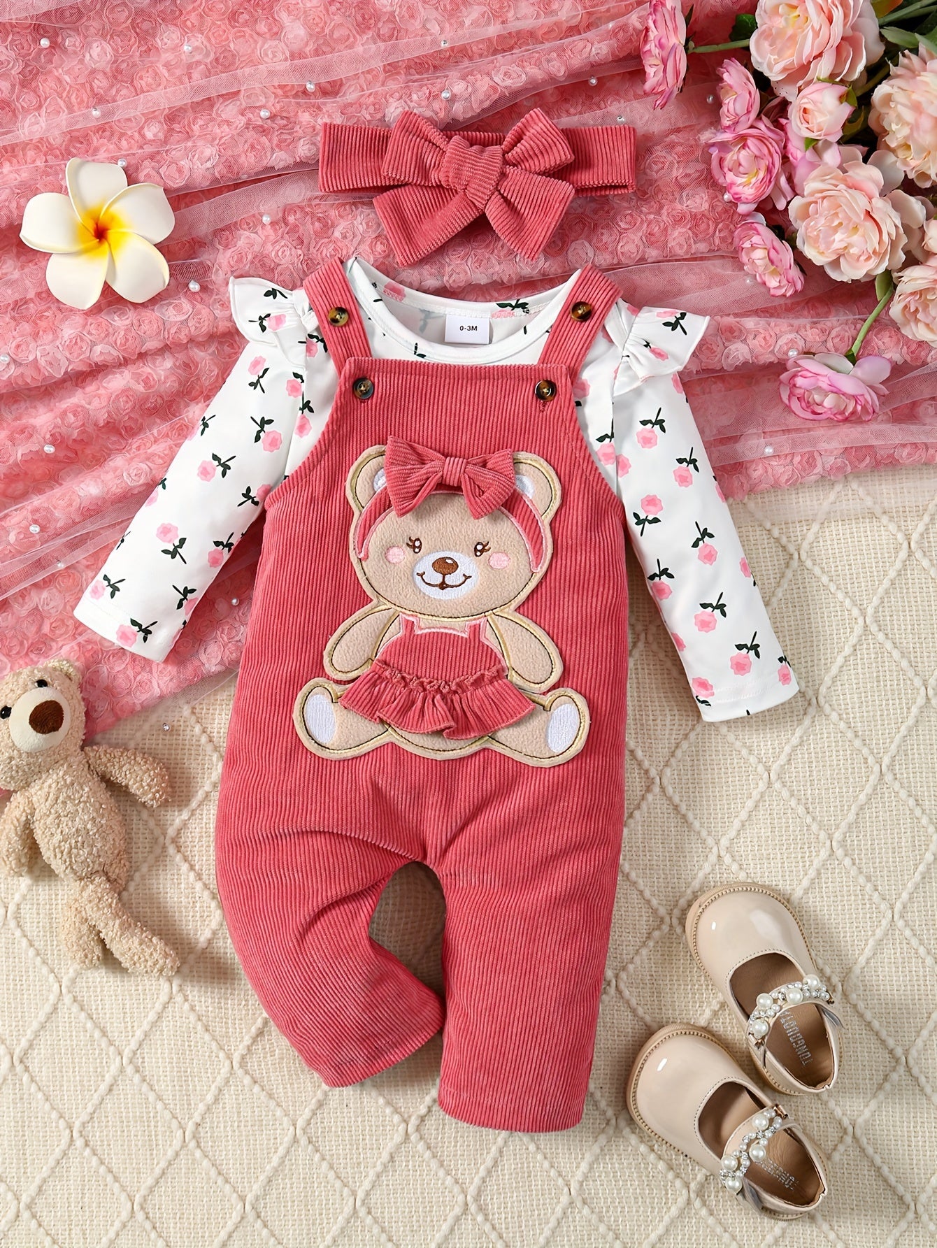 2pcs  Corduroy Overalls + Hairband + Floral  Bodysuit