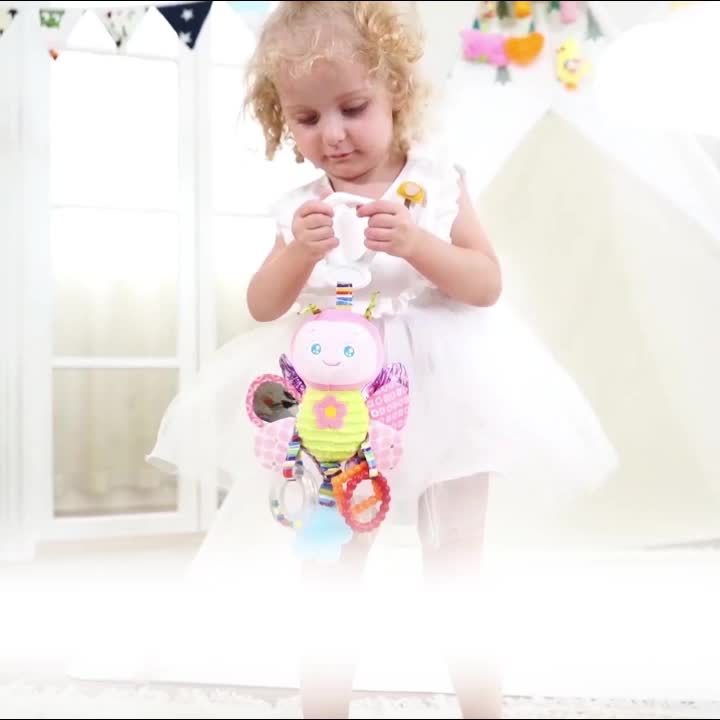 Infant Stroller Hanging Toy with Ringing Bell – Plush Cartoon Butterfly with Teething Rings,