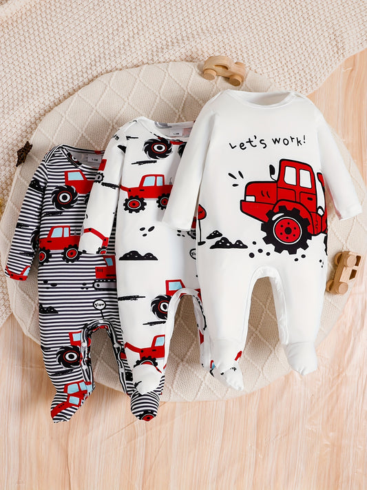 3pcs,  Footed Jumpsuit For Baby Boys,