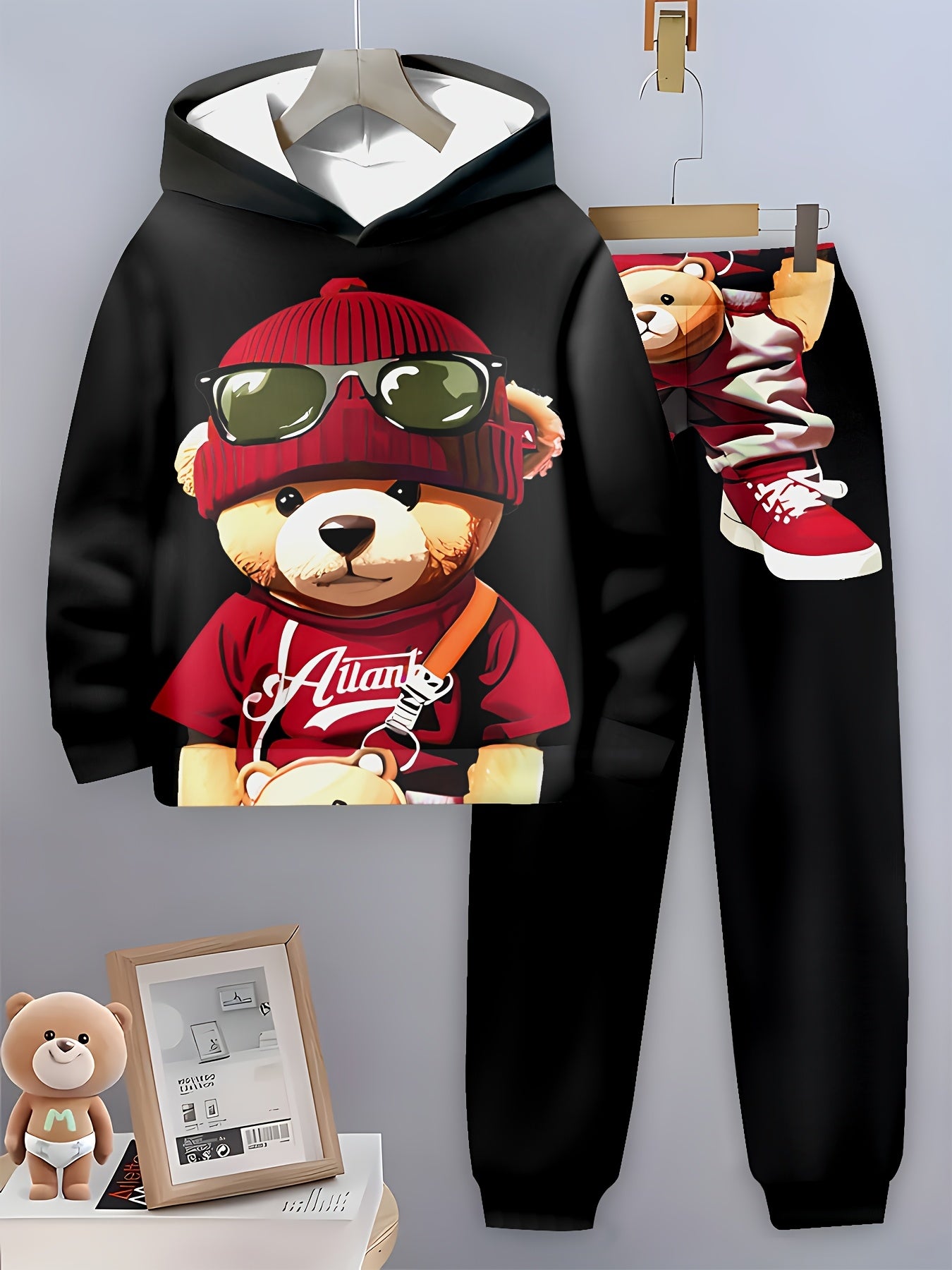 1set Boys' Casual 3D Print Hoodie and Sweatpants Set,