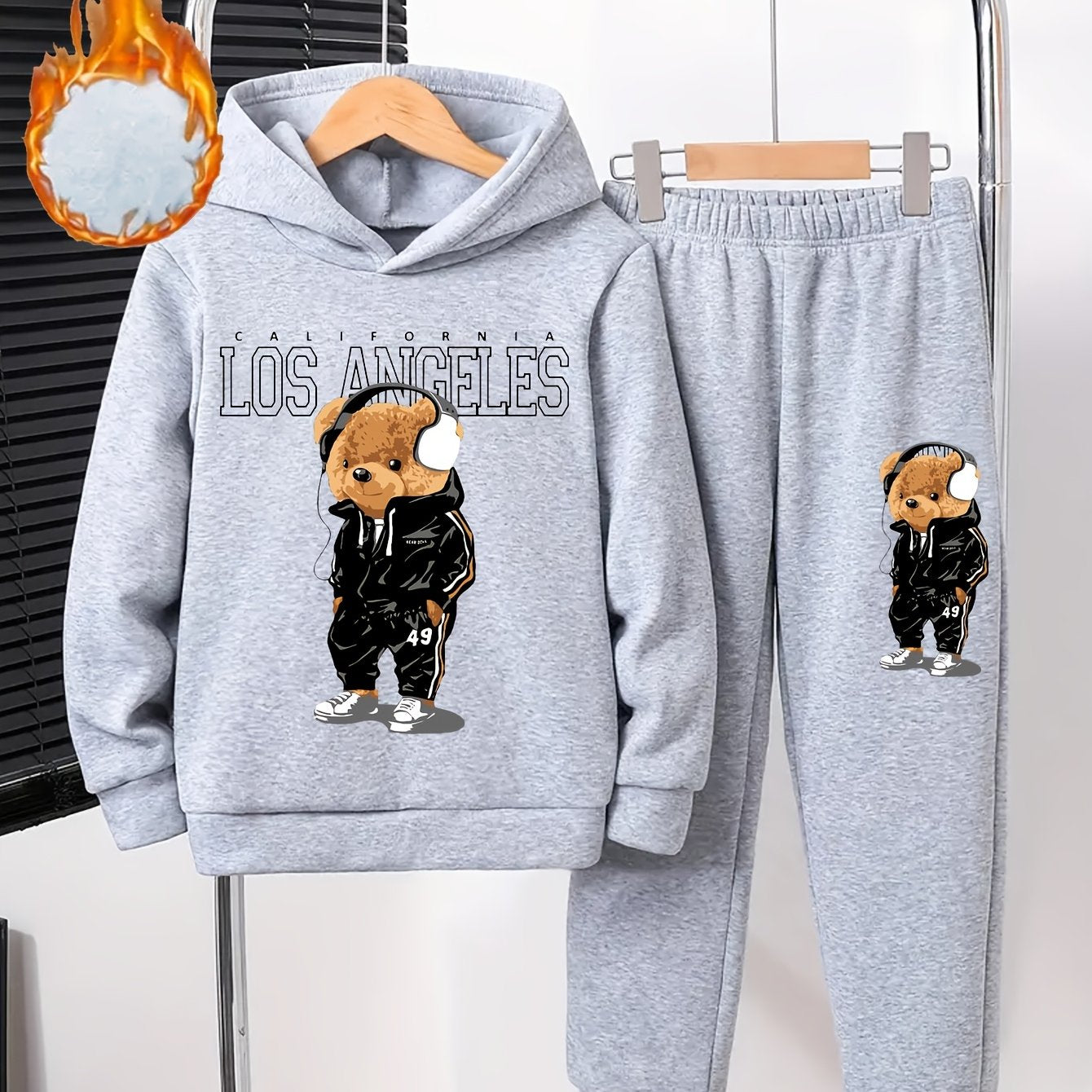 Boys' Cozy Fleece-Lined Hoodie & Joggers Set with Cool Cartoon Bear Print -