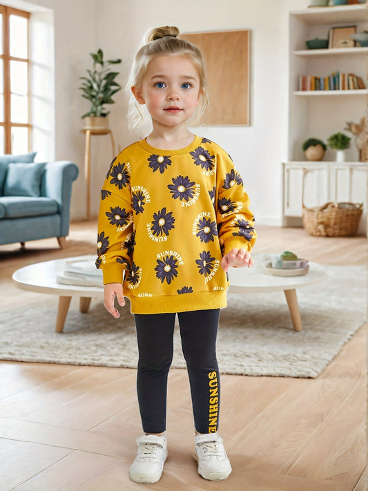 Girls' Floral Print Long Sleeve Hoodie & Leggings Set -