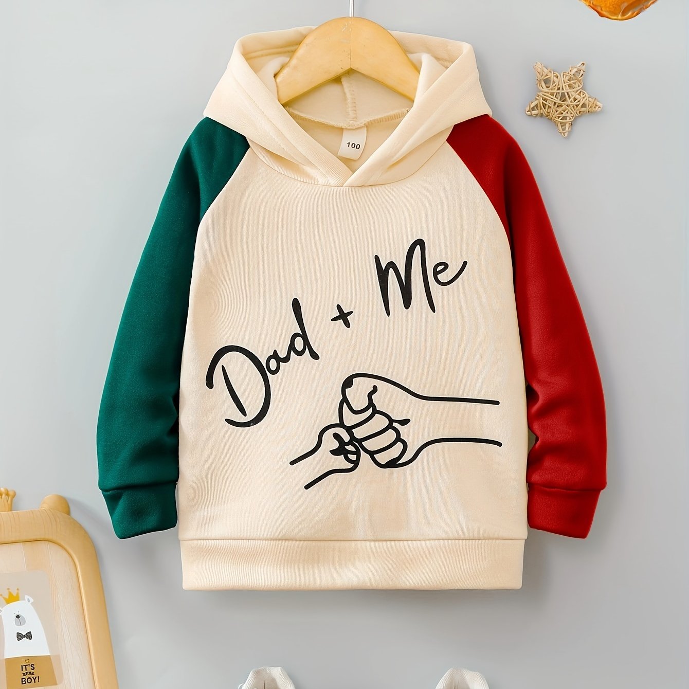 Dad+Me" Boys' Hoodie - Color Block, Long Sleeve Pullover for Ages 3-10 | Casual & Sporty Fall/Winter Top, Letter Pattern, Round Neck, Single Piece