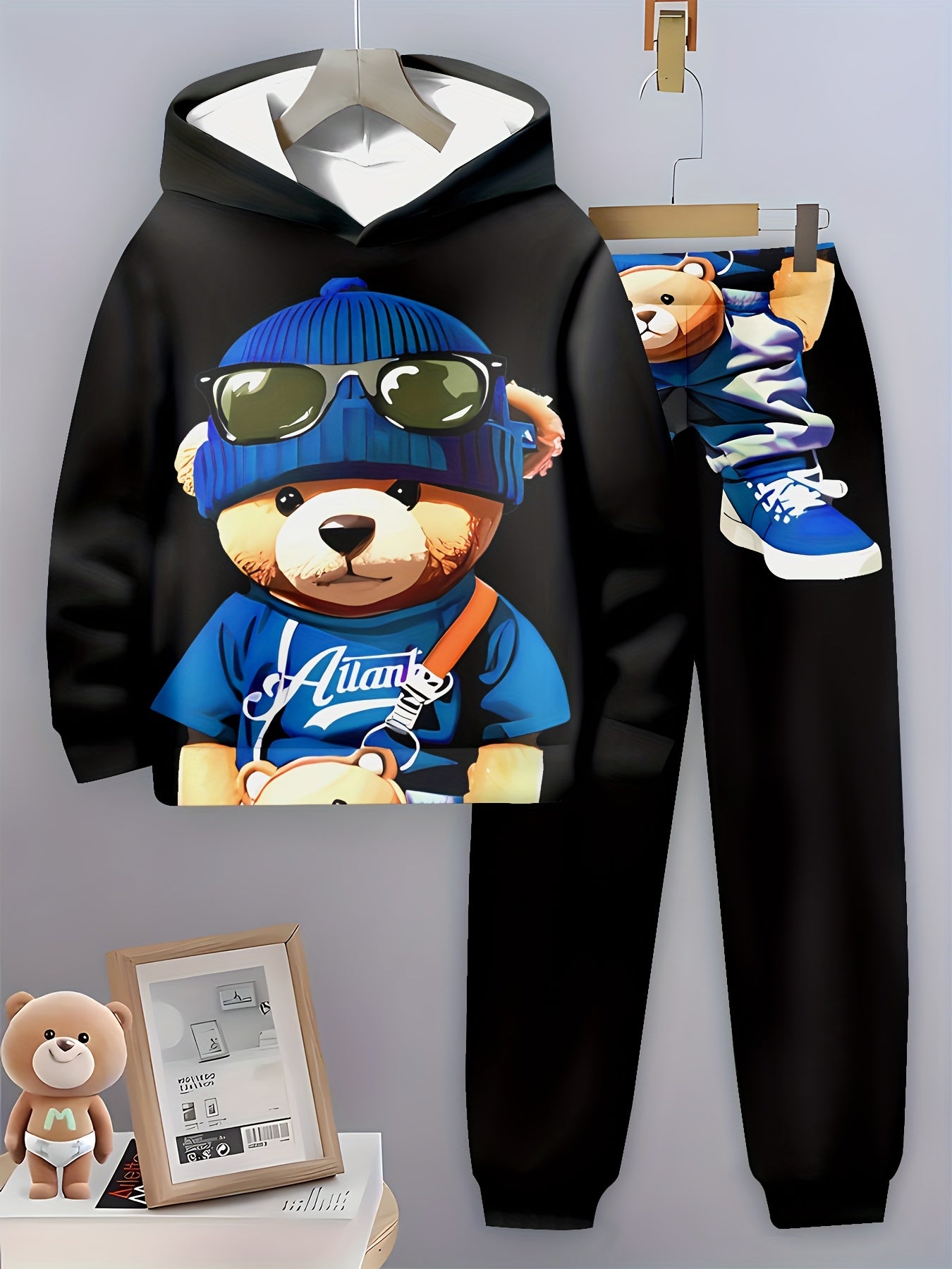 1set Boys' Casual 3D Print Hoodie and Sweatpants Set,