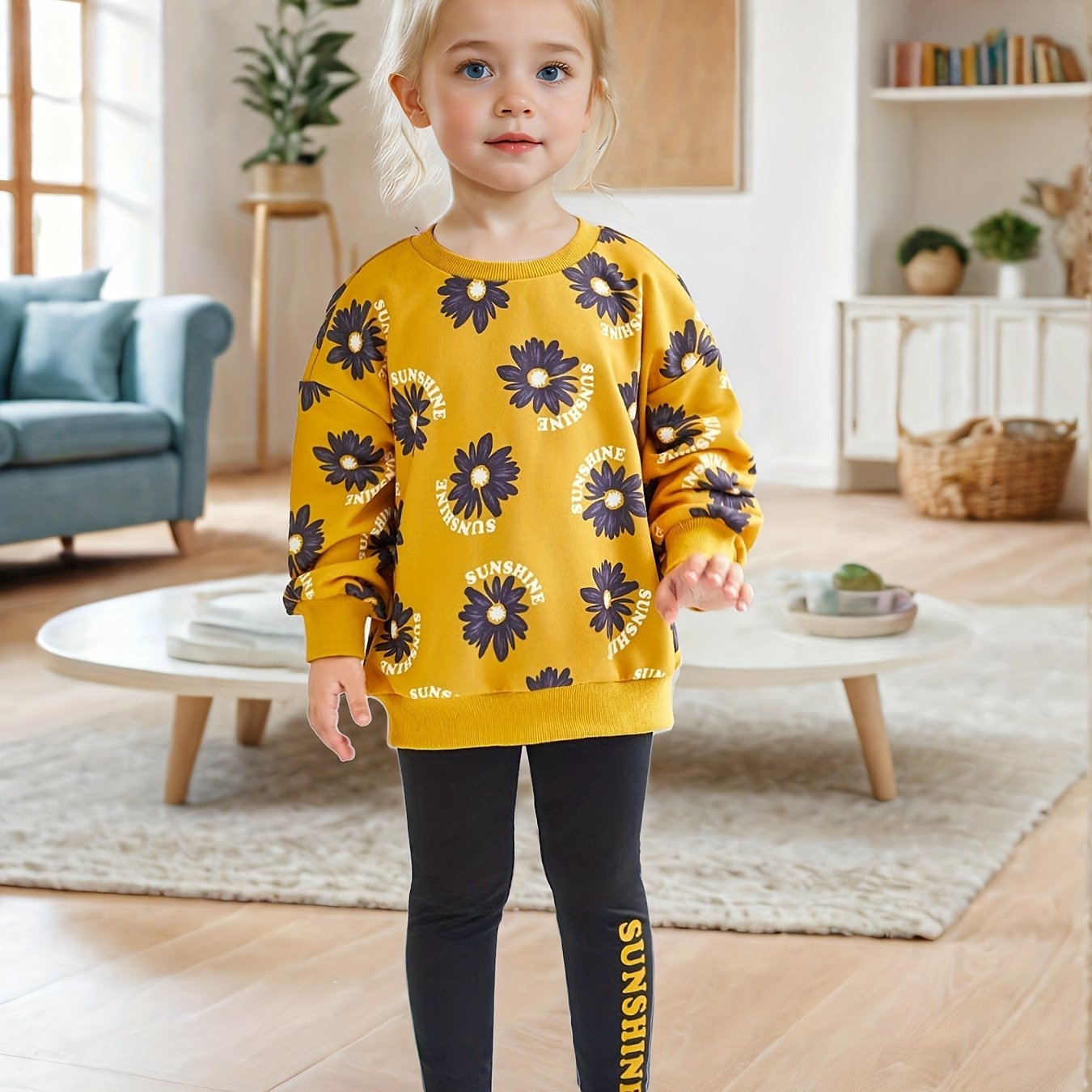 Girls' Floral Print Long Sleeve Hoodie & Leggings Set -