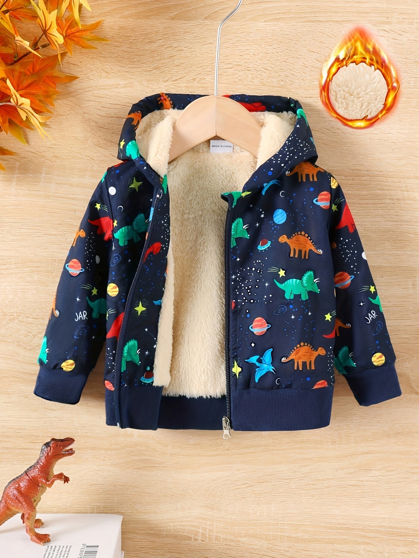 Baby's  Dinosaur Pattern Warm Fuzzy Jacket, Zip Up