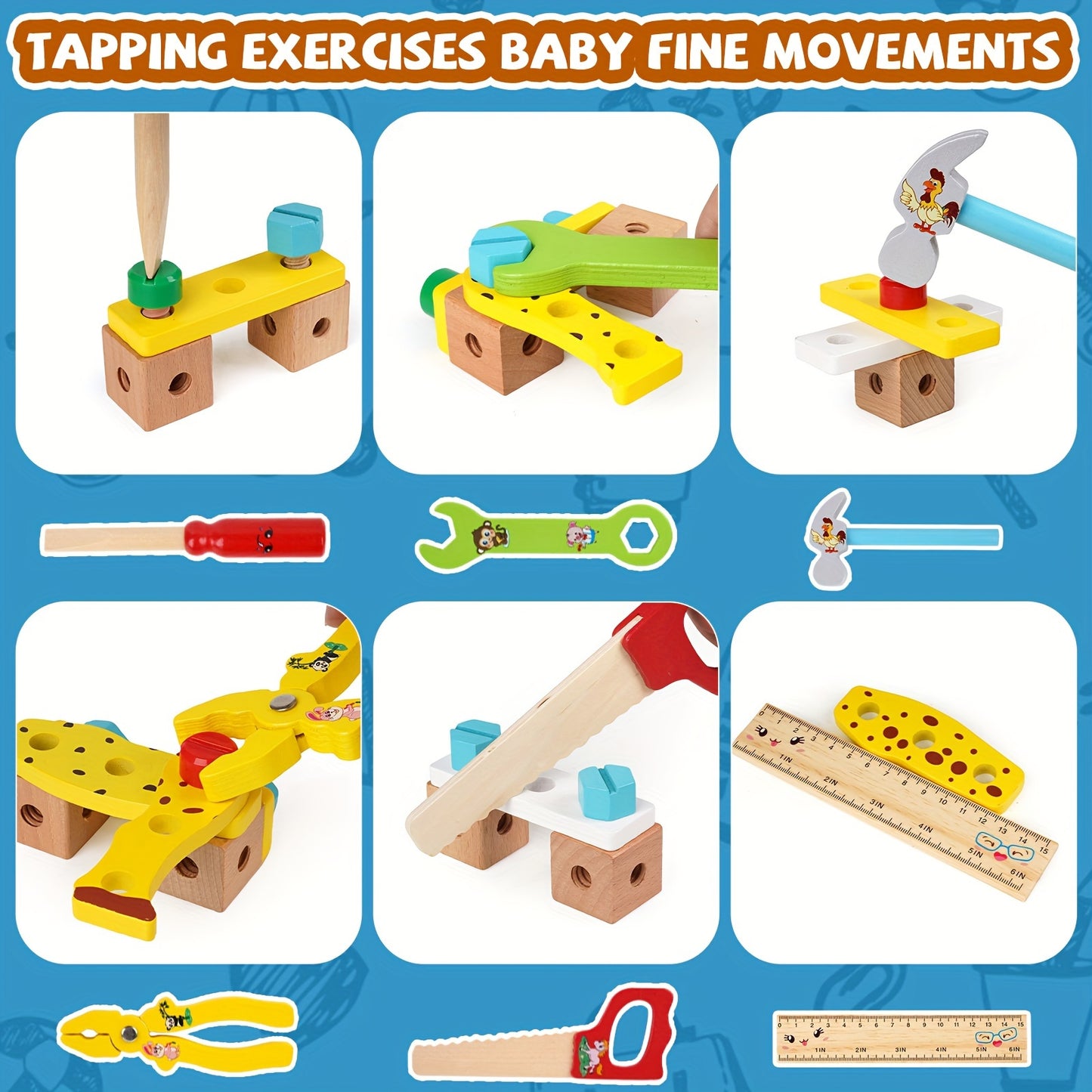 Wooden Kids Tool Kit and DIY Animal Building Block Toy,