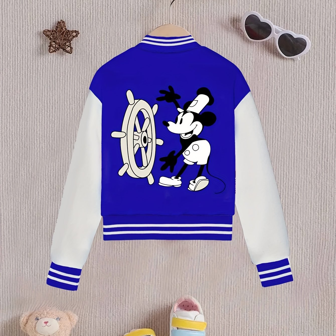 Chic Girls' Mickey Print Color Block Varsity Jacket - Casual Baseball Collar, Machine Washable - Perfect for Fall/Winter