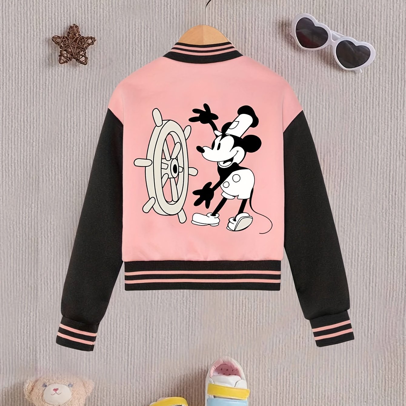 Chic Girls' Mickey Print Color Block Varsity Jacket - Casual Baseball Collar, Machine Washable - Perfect for Fall/Winter