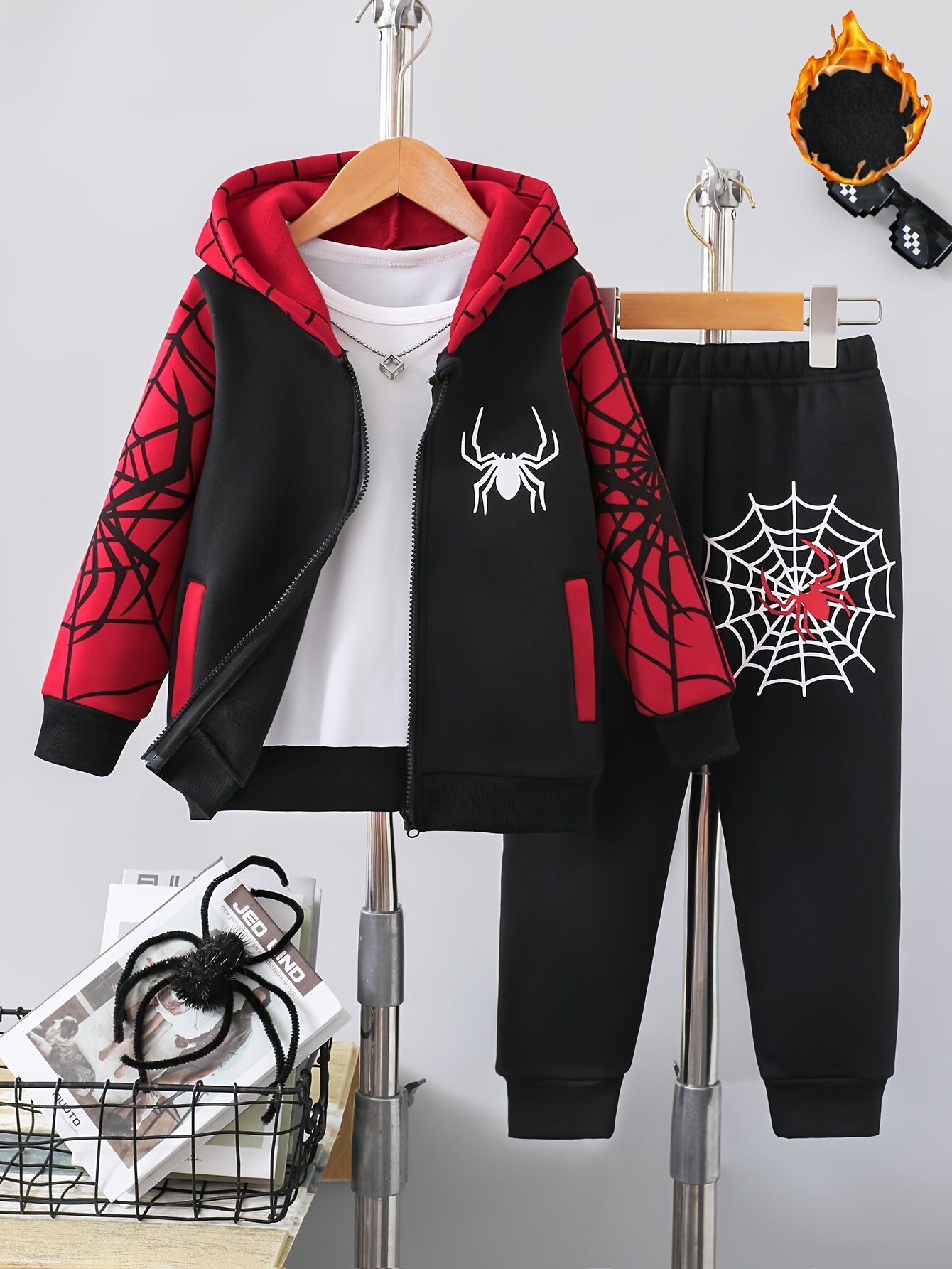 2-Piece Boys' Outfit, Casual Fashion Thickened Fleece with Spider Web Print, Hooded Zip-Up Sweatshirt and Pants Set,