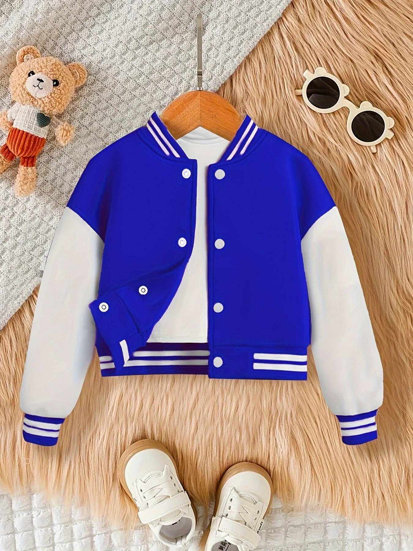 Chic Girls' Mickey Print Color Block Varsity Jacket - Casual Baseball Collar, Machine Washable - Perfect for Fall/Winter