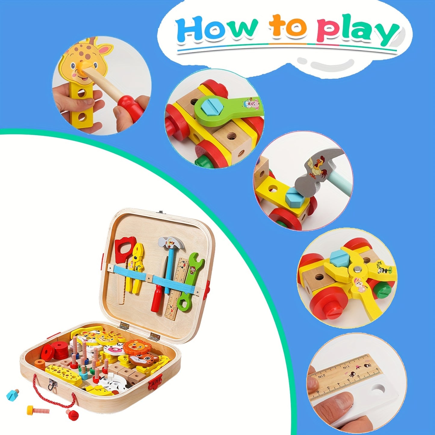 Kids' Wooden Animal Pattern Toolbox Toys