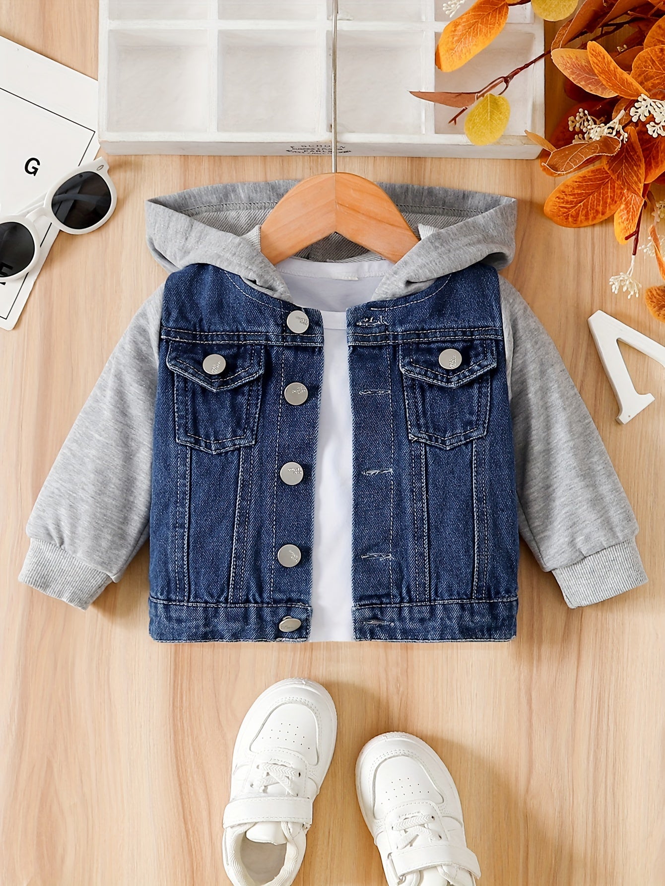 Baby's Hooded Denim Jacket With Front Pockets