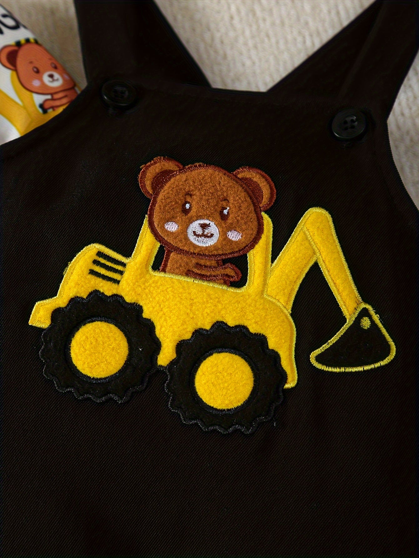 Cartoon Bear On Excavator Embroidery Suspender Pants With Matching Long Sleeve T-shirt,