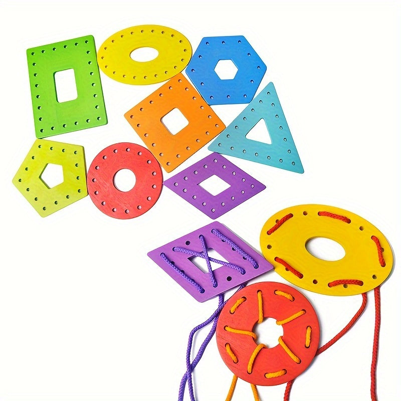 Wooden Threading Geometric Shape Colorful Lacing Boards,