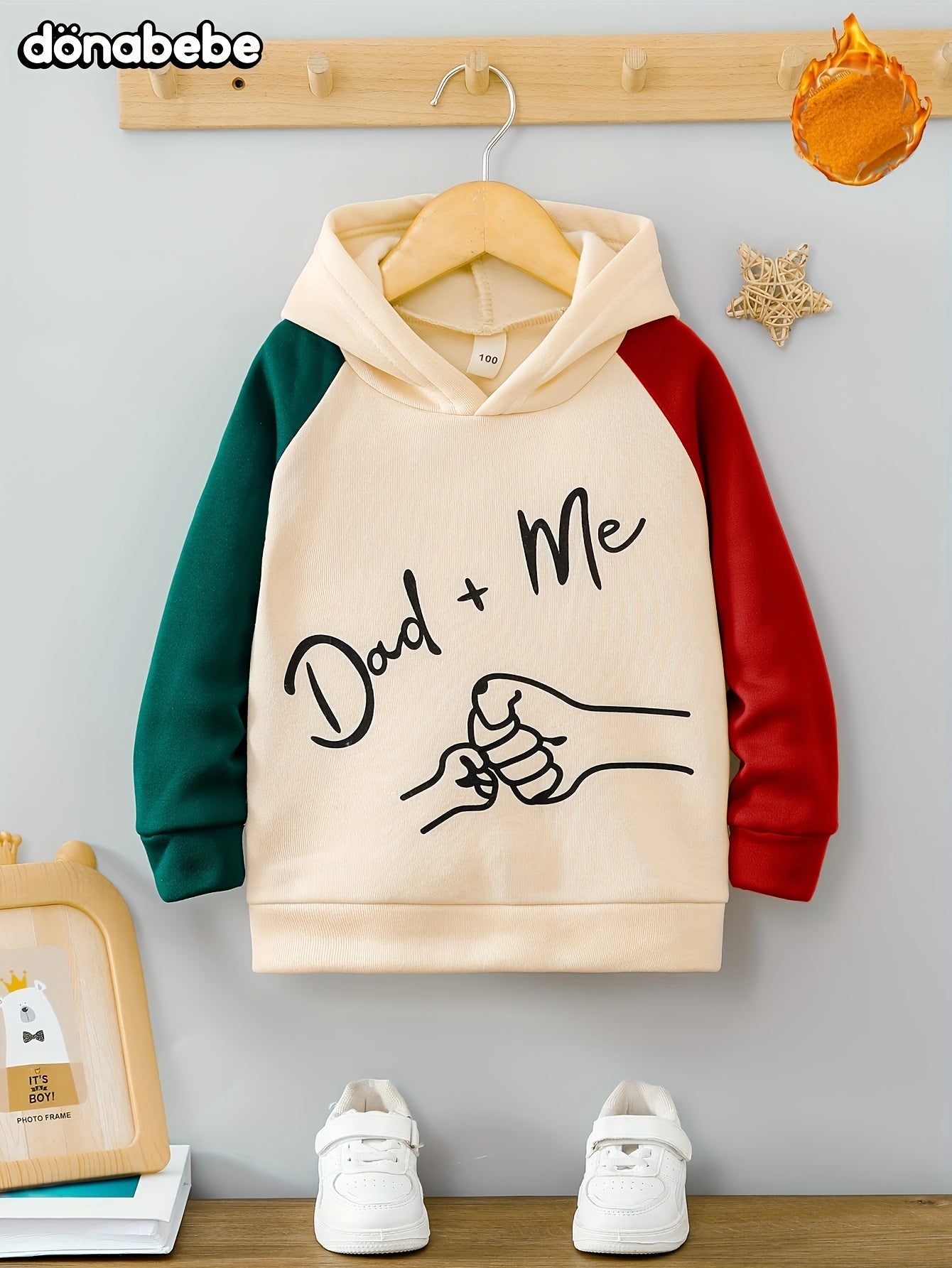 Dad+Me" Boys' Hoodie - Color Block, Long Sleeve Pullover for Ages 3-10 | Casual & Sporty Fall/Winter Top, Letter Pattern, Round Neck, Single Piece