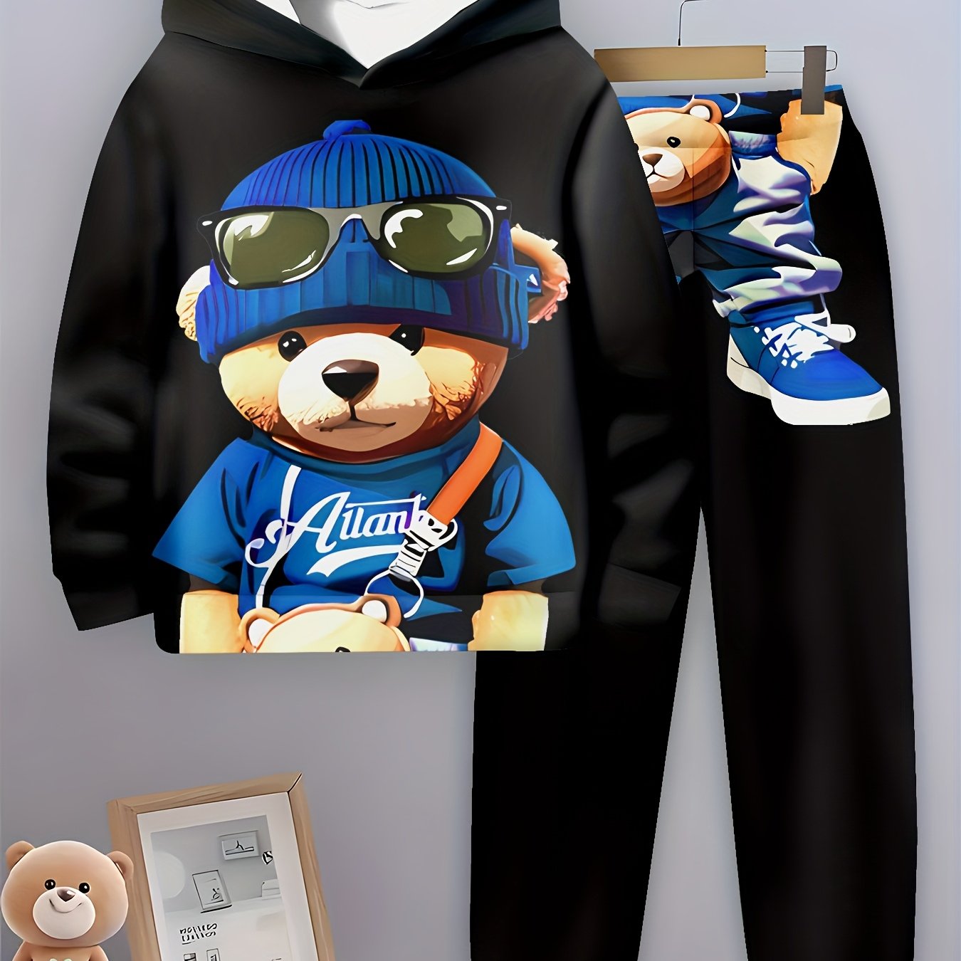 1set Boys' Casual 3D Print Hoodie and Sweatpants Set,