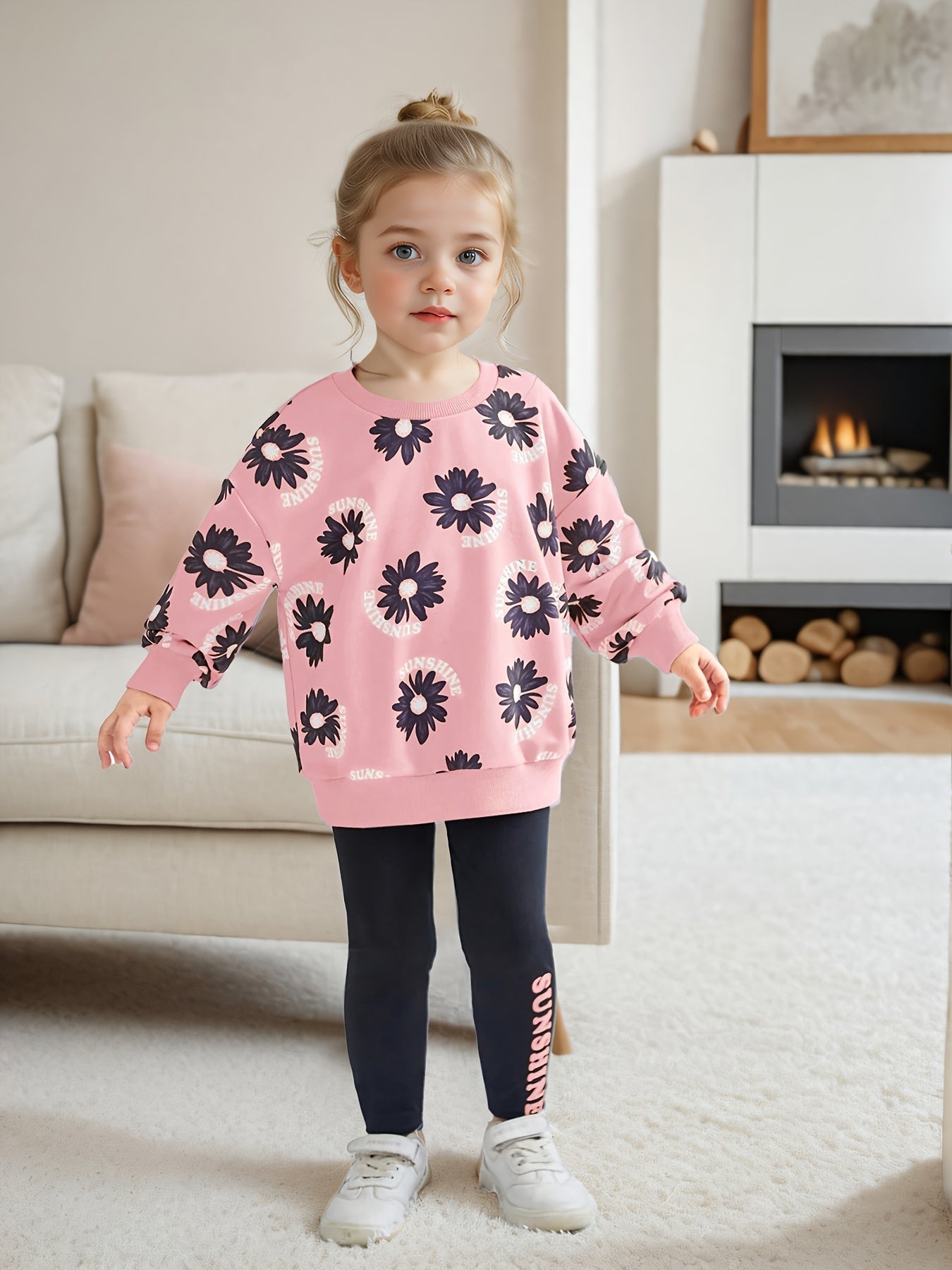 Girls' Floral Print Long Sleeve Hoodie & Leggings Set -