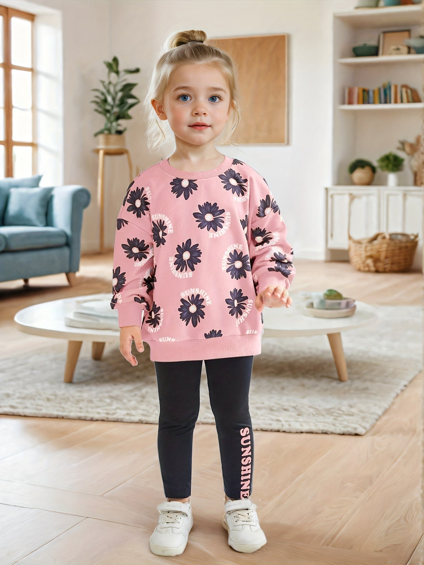 Girls' Floral Print Long Sleeve Hoodie & Leggings Set -