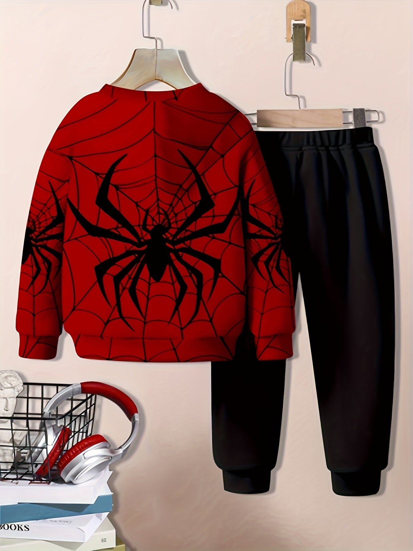 Boys Spider Print Twill Sweatshirt Long Sleeve Trousers Daily Set,