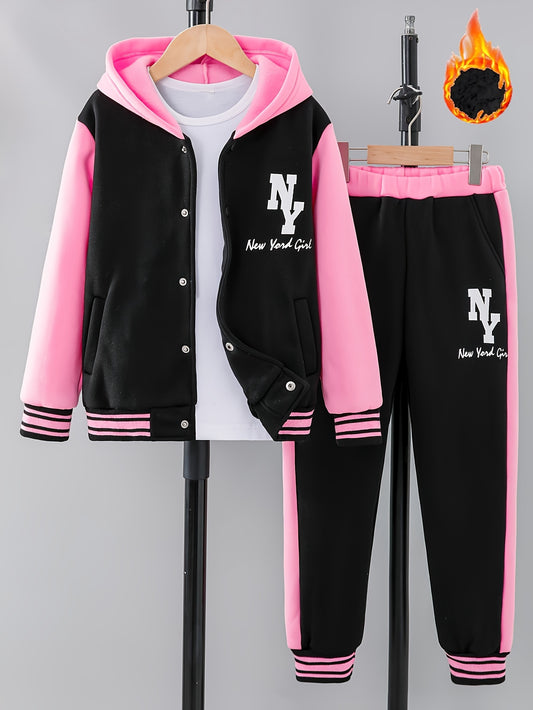 'NY' Letter Print Girl's Preppy Outfit, Color Block Hooded Varsity Jacket + Sweatpants Set