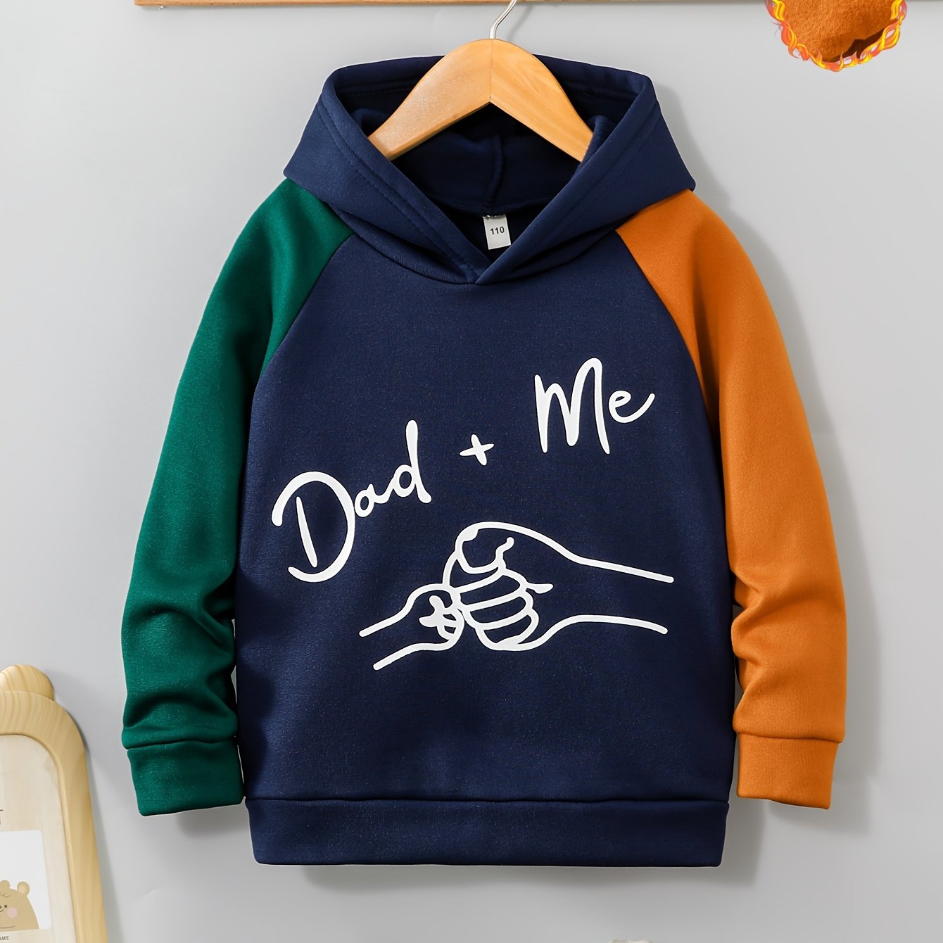 Dad+Me" Boys' Hoodie - Color Block, Long Sleeve Pullover for Ages 3-10 | Casual & Sporty Fall/Winter Top, Letter Pattern, Round Neck, Single Piece