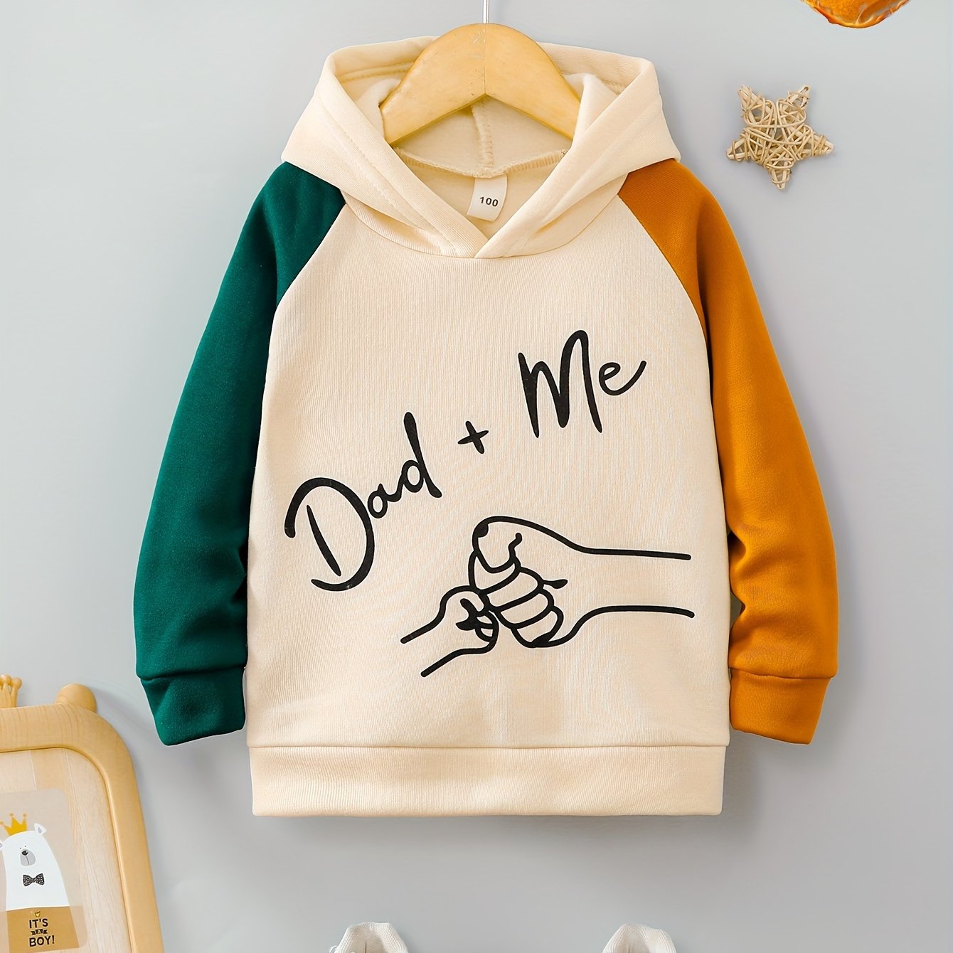 Dad+Me" Boys' Hoodie - Color Block, Long Sleeve Pullover for Ages 3-10 | Casual & Sporty Fall/Winter Top, Letter Pattern, Round Neck, Single Piece