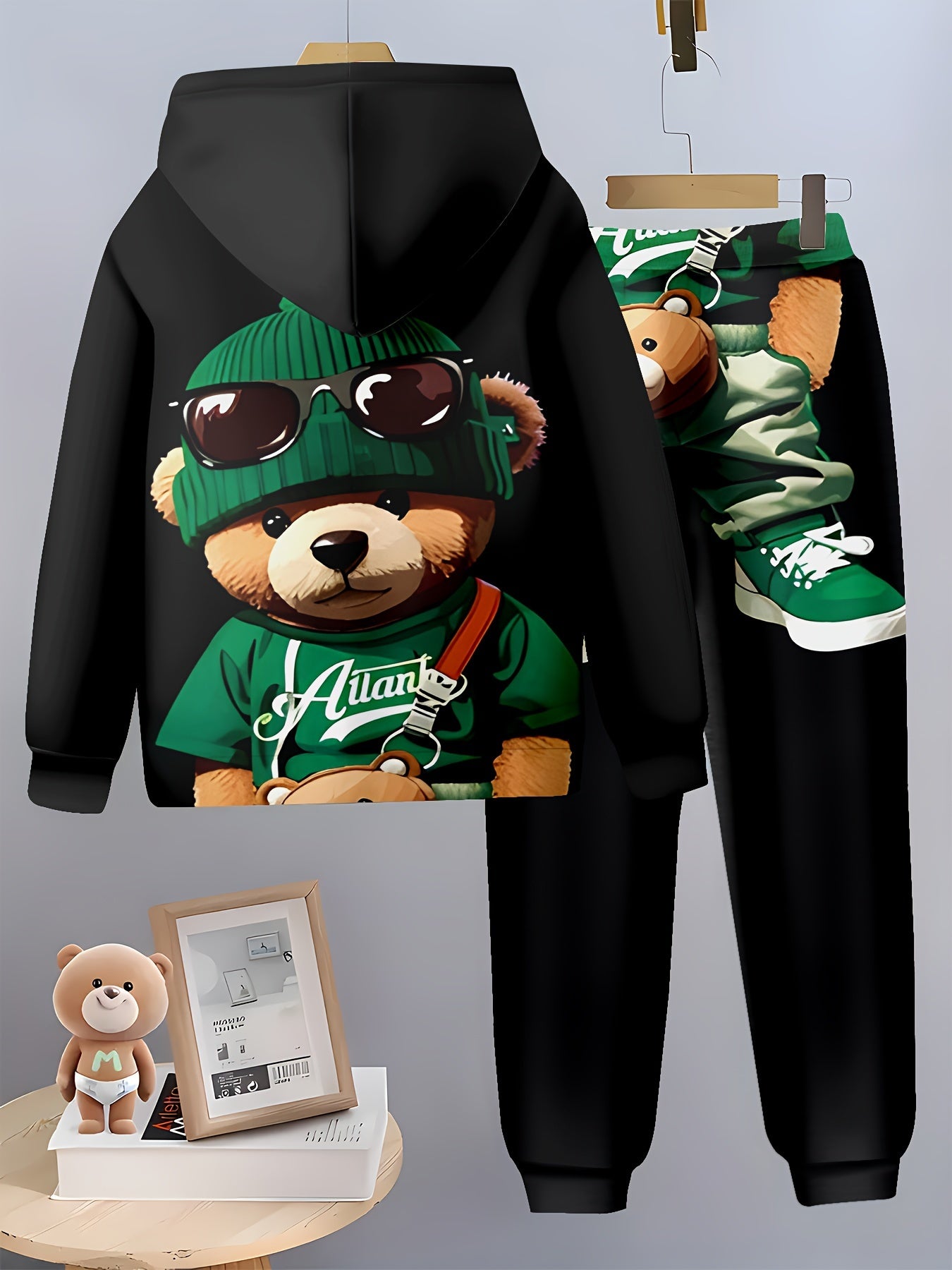 1set Boys' Casual 3D Print Hoodie and Sweatpants Set,
