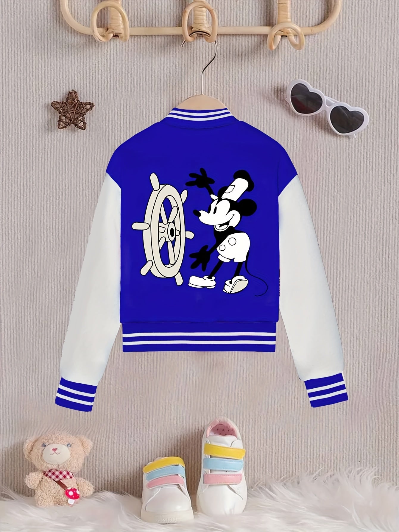 Chic Girls' Mickey Print Color Block Varsity Jacket - Casual Baseball Collar, Machine Washable - Perfect for Fall/Winter