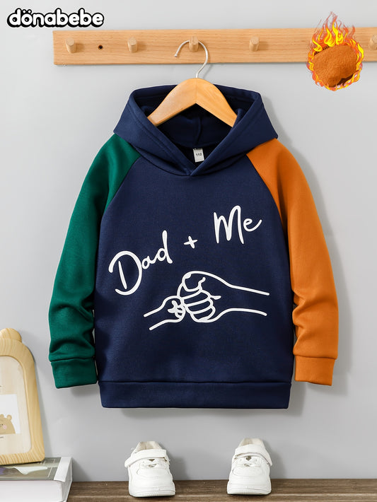 Dad+Me" Boys' Hoodie - Color Block, Long Sleeve Pullover for Ages 3-10 | Casual & Sporty Fall/Winter Top, Letter Pattern, Round Neck, Single Piece