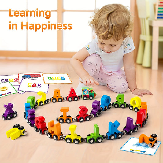 27 PCS Magnetic Wooden Alphabet Train Sets | ABC Letter Learning Toy Trains