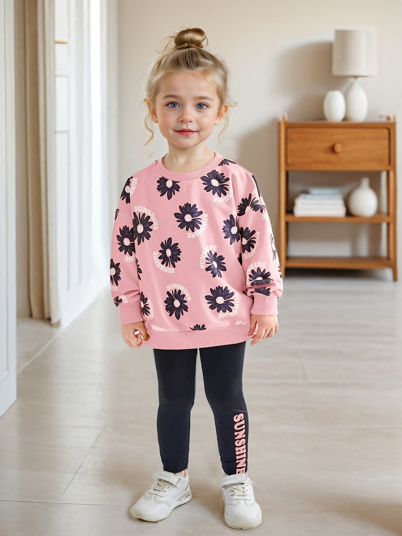 Girls' Floral Print Long Sleeve Hoodie & Leggings Set -