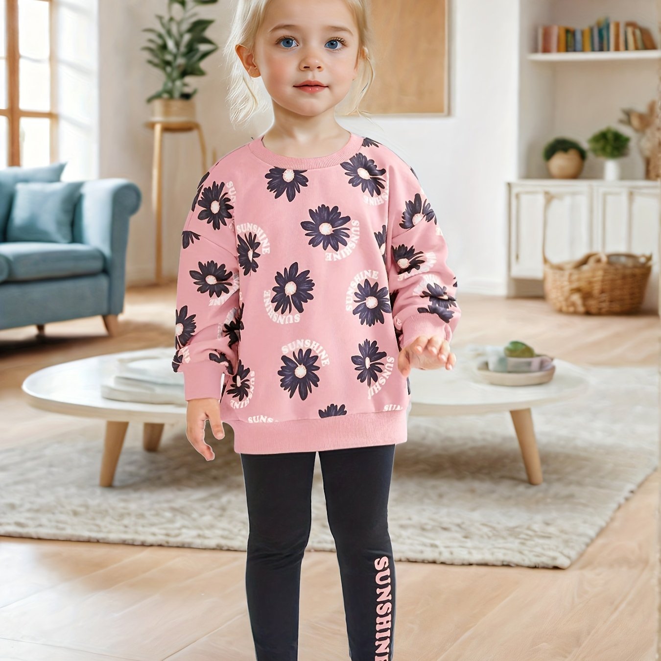 Girls' Floral Print Long Sleeve Hoodie & Leggings Set -