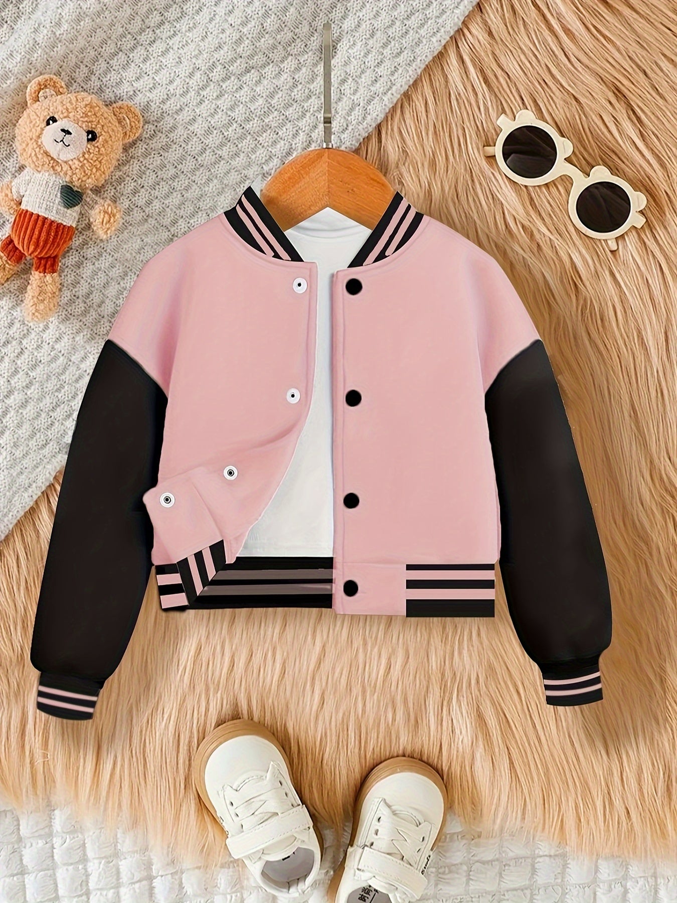 Chic Girls' Mickey Print Color Block Varsity Jacket - Casual Baseball Collar, Machine Washable - Perfect for Fall/Winter