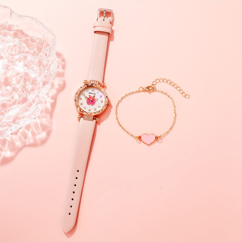 Pink Angel Pig Theme 2pc Watch Set - with Heart Charm