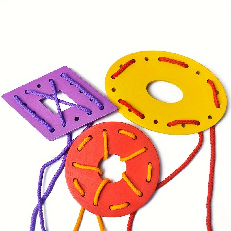 Wooden Threading Geometric Shape Colorful Lacing Boards,