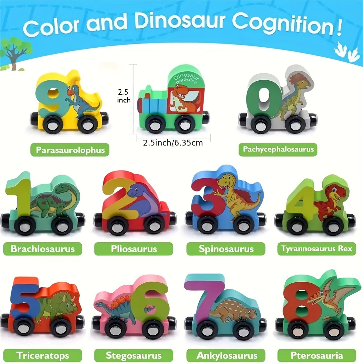 Magnetic Wooden Dinosaur Train Toys With Numbers ,14Pcs