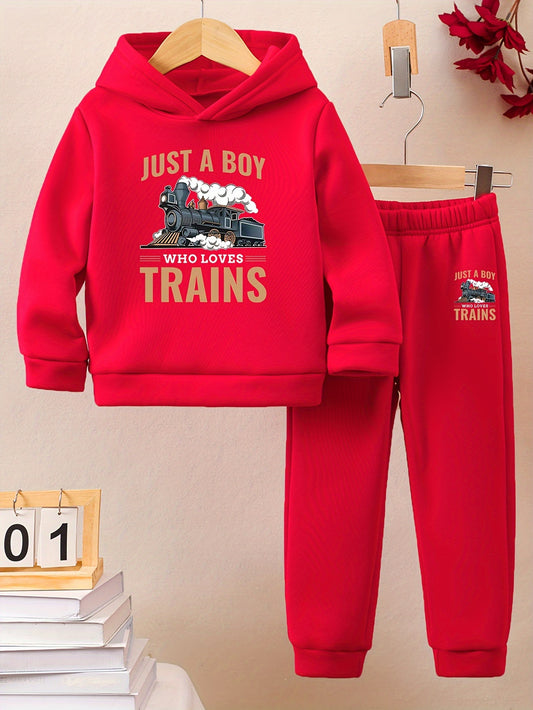 A Boy's Hooded Sweatshirt And Sports Pants With Train Pattern Print