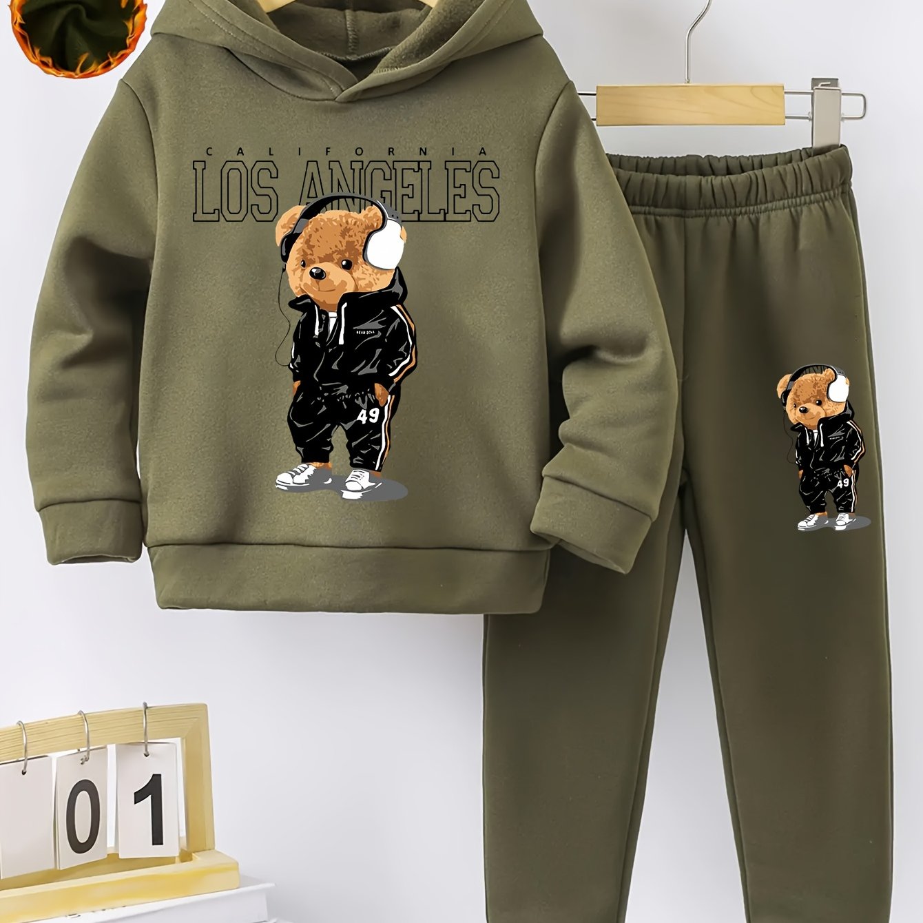 Boys' Cozy Fleece-Lined Hoodie & Joggers Set with Cool Cartoon Bear Print -