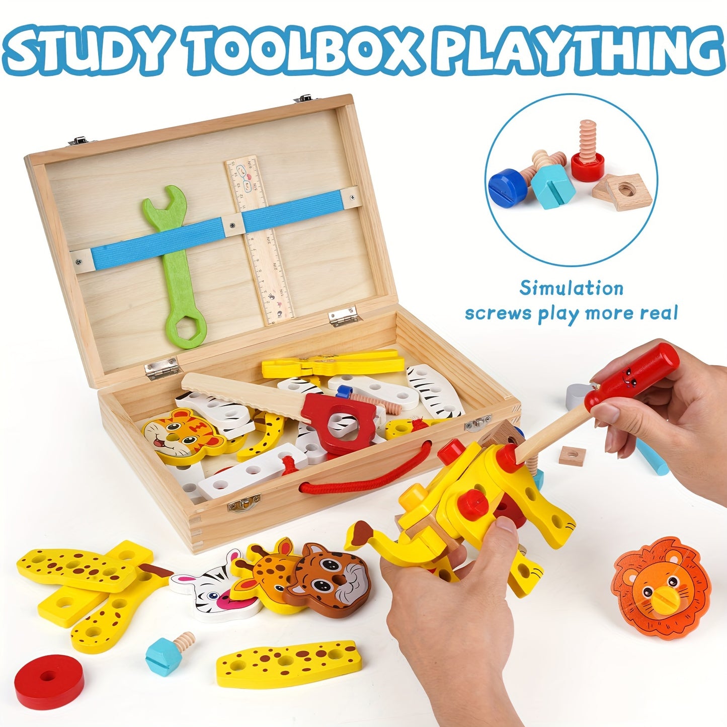 Wooden Kids Tool Kit and DIY Animal Building Block Toy,