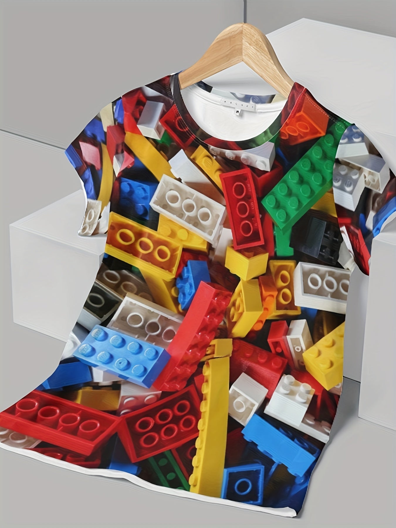 Boy's Short Sleeve  Toy Bricks Pattern Full Print Tee,