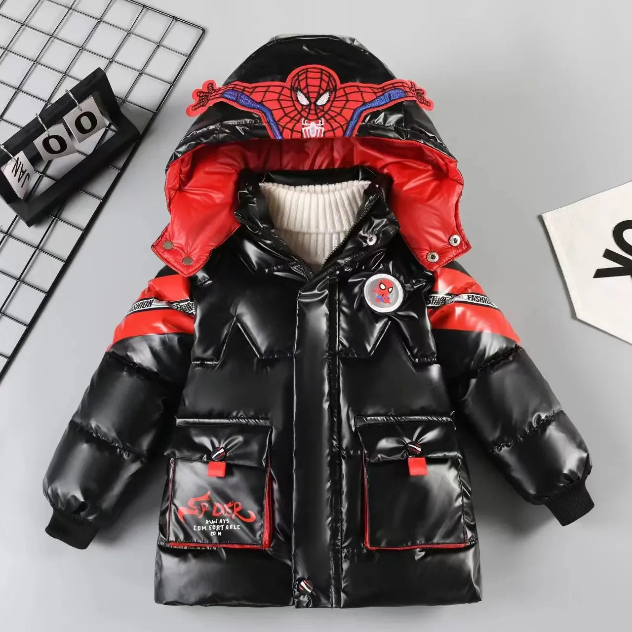 Kids Spiderman Thicken Cotton-Padded Jacket Warm Hooded Parka