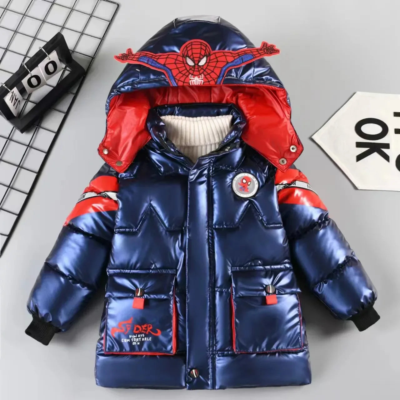 Kids Spiderman Thicken Cotton-Padded Jacket Warm Hooded Parka