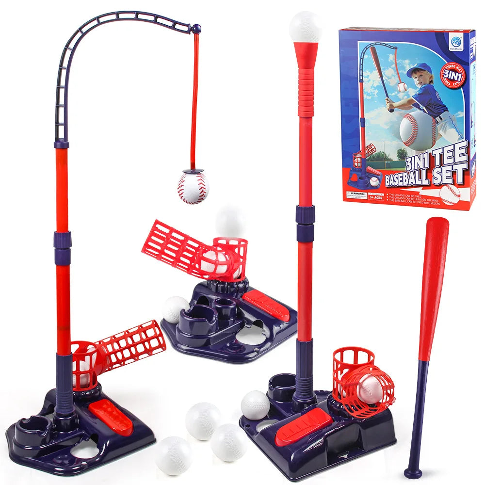 3 in 1 T Ball Set for Kids Baseball with Hanging Tee/Standing Tee/Automatic Launcher/6 Softballs Indoor Outdoor Sport Gifts Toys