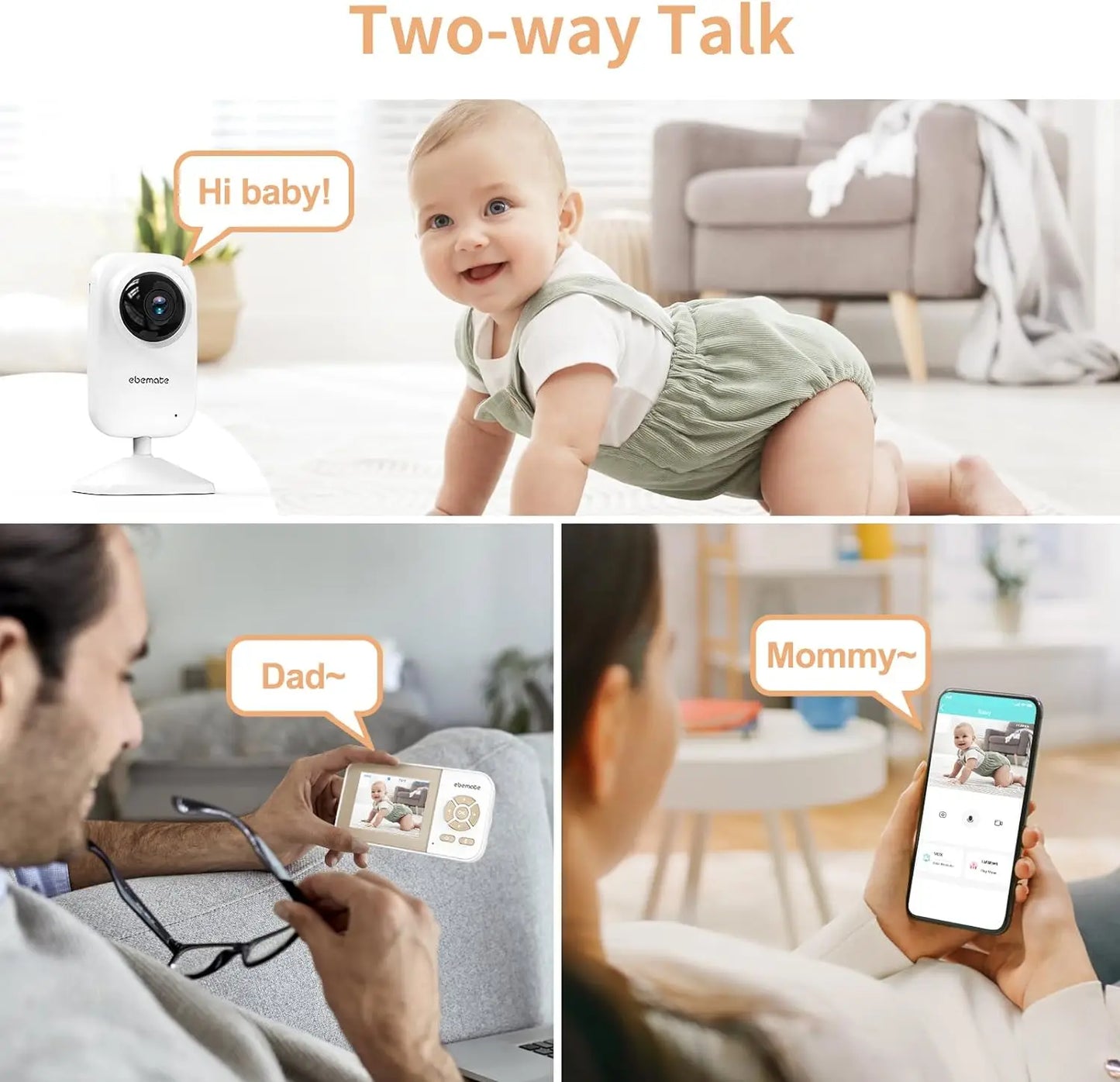 Video Baby Monitor with 2 Cameras, night vision,2-Way Talk Audio