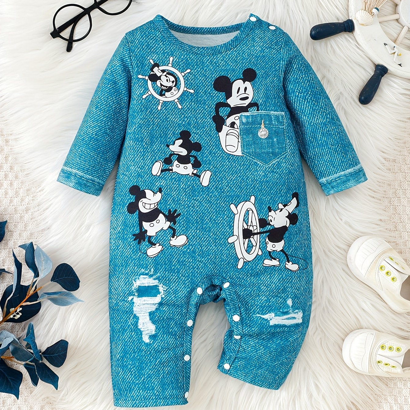 Boys' Trendy Cartoon Mouse Long-Sleeve Romper