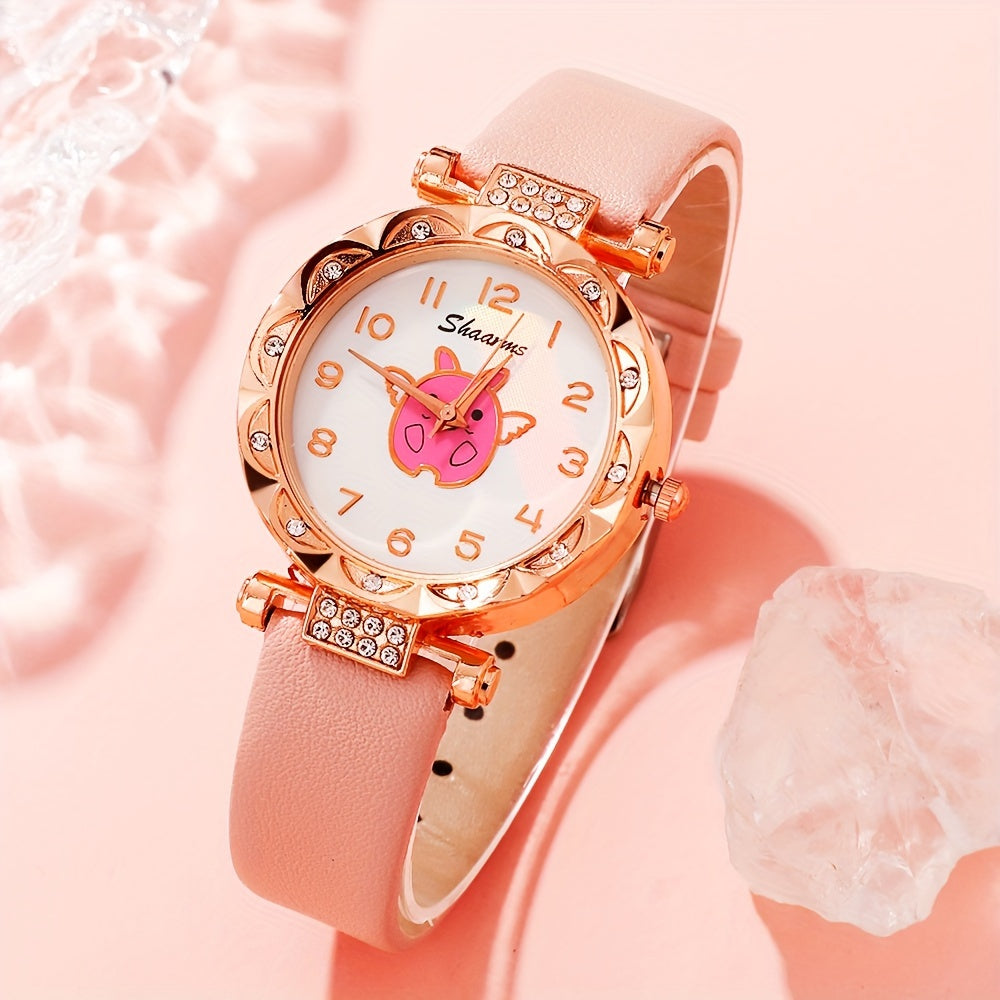 Pink Angel Pig Theme 2pc Watch Set - with Heart Charm