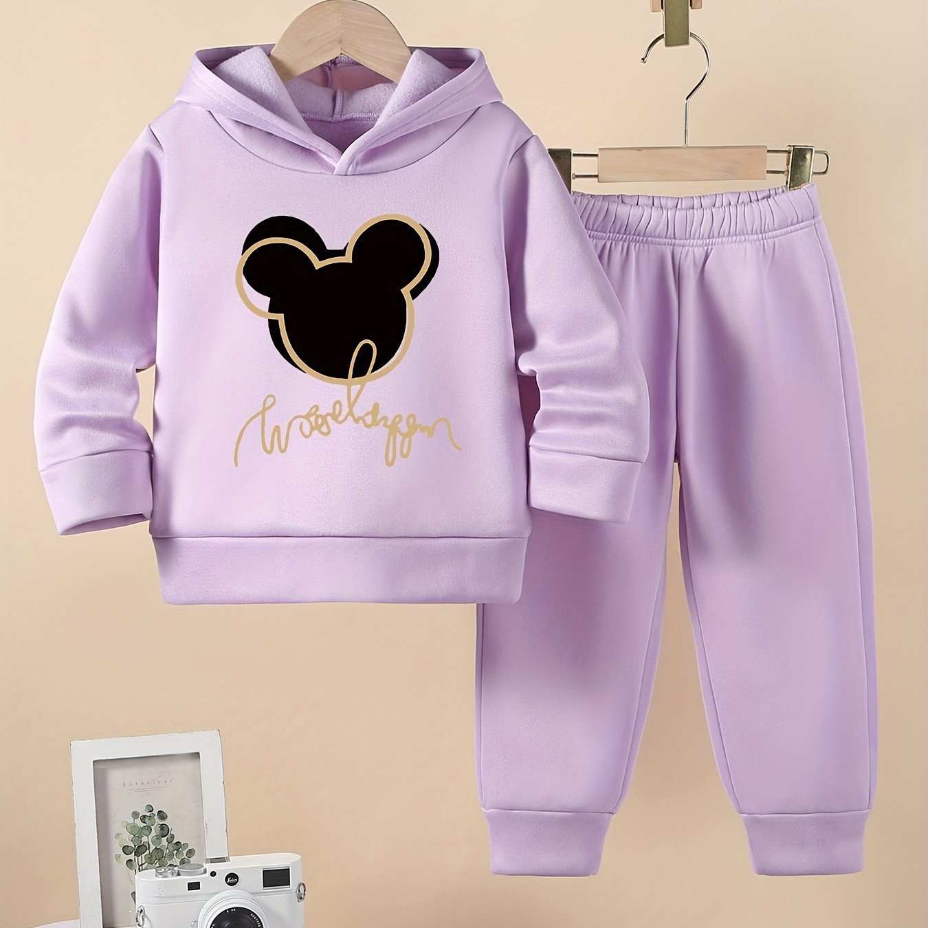 Girls' Cozy Fleece-Lined Hoodie & Sweatpants Set with Mickey Mouse Design