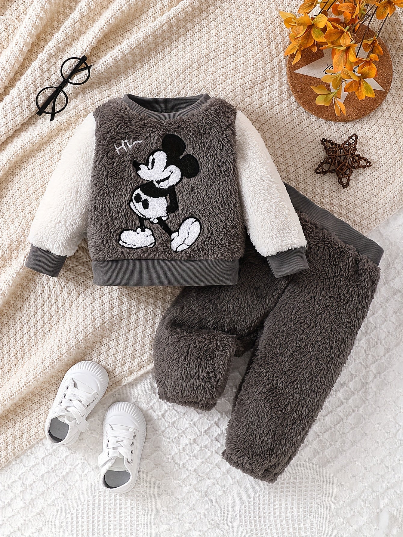 JOPGEEY Boys Toddler Set, 2-Piece Cartoon Towel Embroidery Plush Warm Knit Pullover with Round Neck and Long Sleeves, Matching Pants, Winter Baby Outfit, For Outdoor